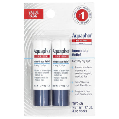 Aquaphor, Lip Repair Stick, Immediate Relief, 2 Sticks, 0.17 oz (4.8 g) Each