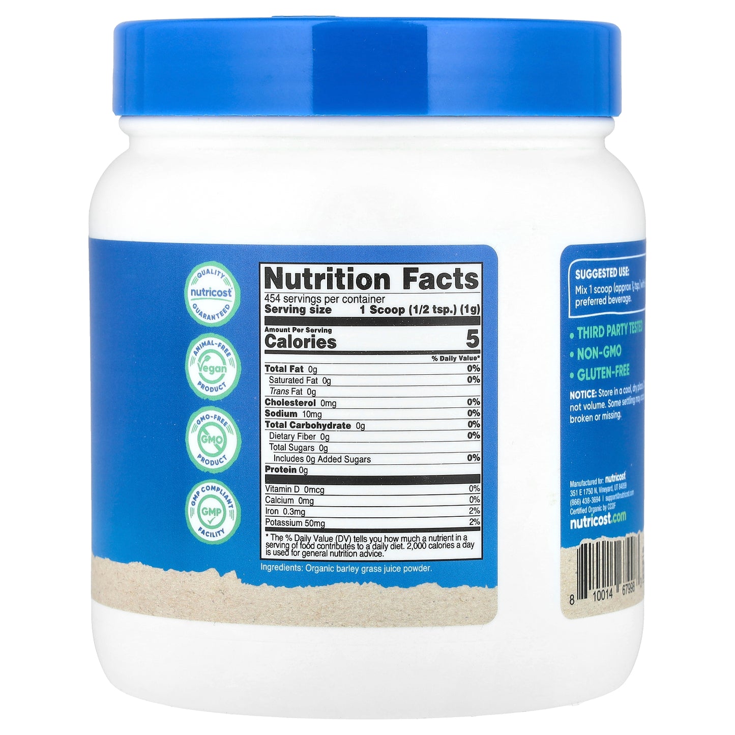 Nutricost, Organic Barley Grass Juice Powder, Unflavored, 16.2 oz (454 g)