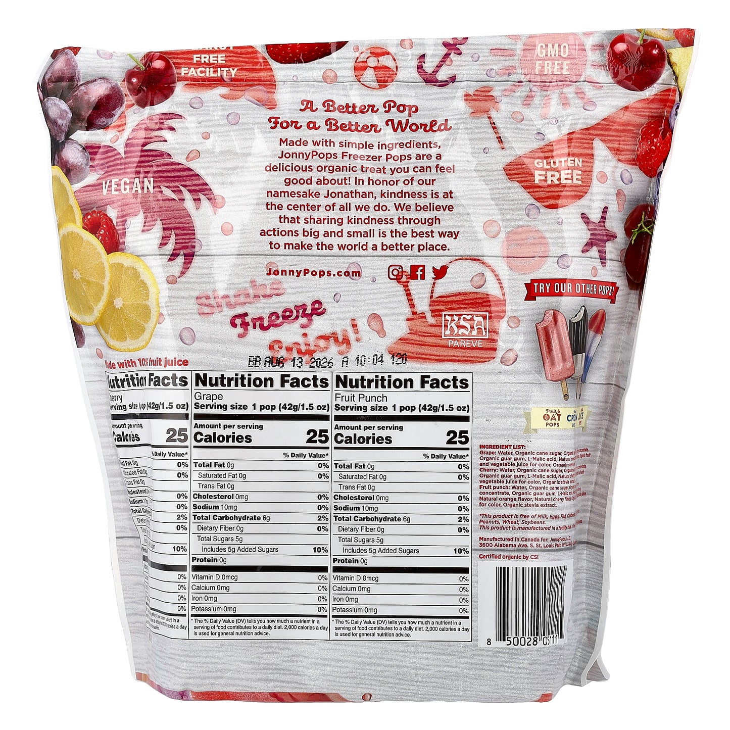 JonnyPops, Organic Freezer Pops, Cherry, Grape, Fruit Punch , 24 Count, 1.35 fl oz (40 ml) Each