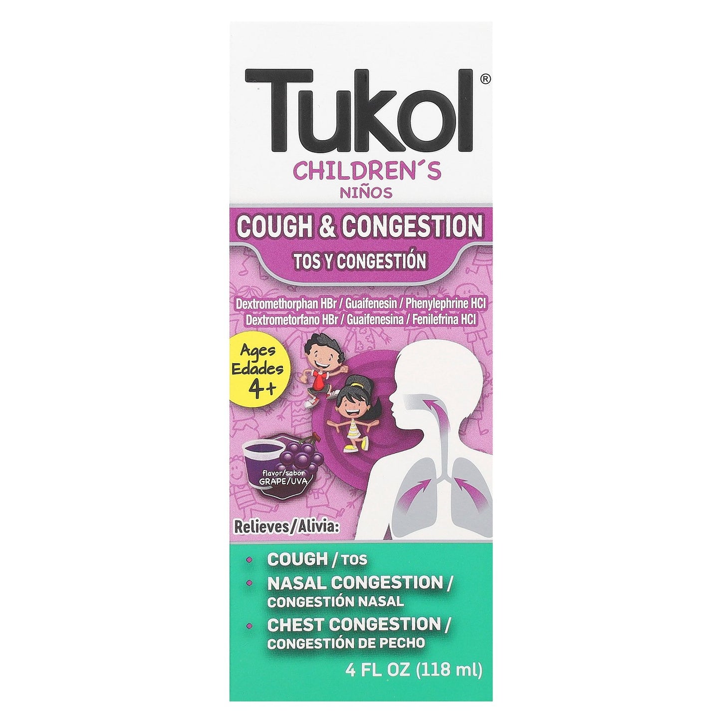 Tukol, Children's, Cough & Congestion, Ages 4+, Grape, 4 fl oz (118 ml)