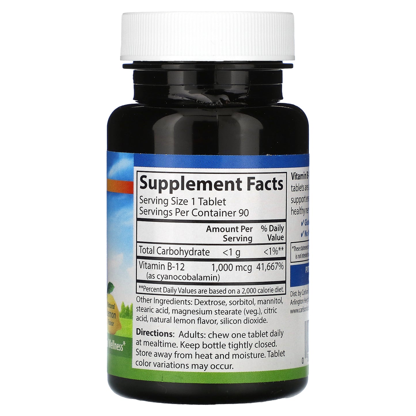 Carlson, Chewable Vitamin B-12, Natural Lemon, 1,000 mcg, 90  Tablets