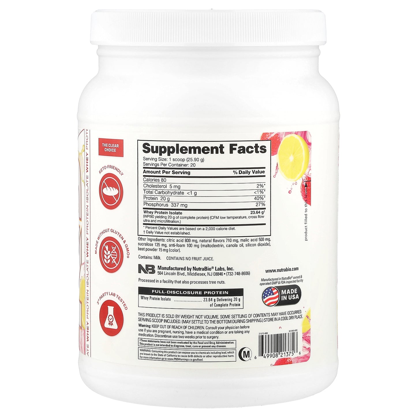 NutraBio, Clear Protein Powder, Whey Protein Isolate, Strawberry Lemonade, 1.2 lb (518 g)