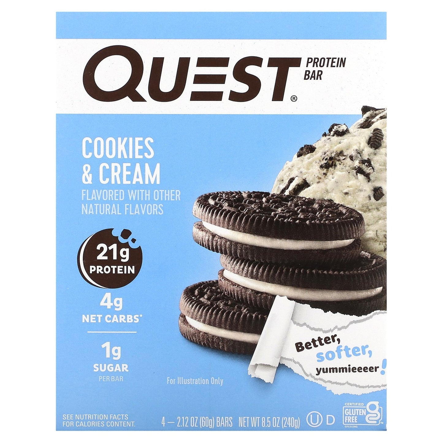 Quest Nutrition, Protein Bar, Cookies & Cream, 4 Bars, 2.12 oz (60 g) Each