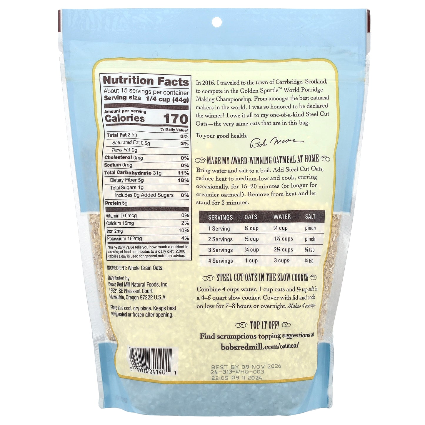 Bob's Red Mill, Steel Cut Oats, Whole Grain, 24 oz (680 g)