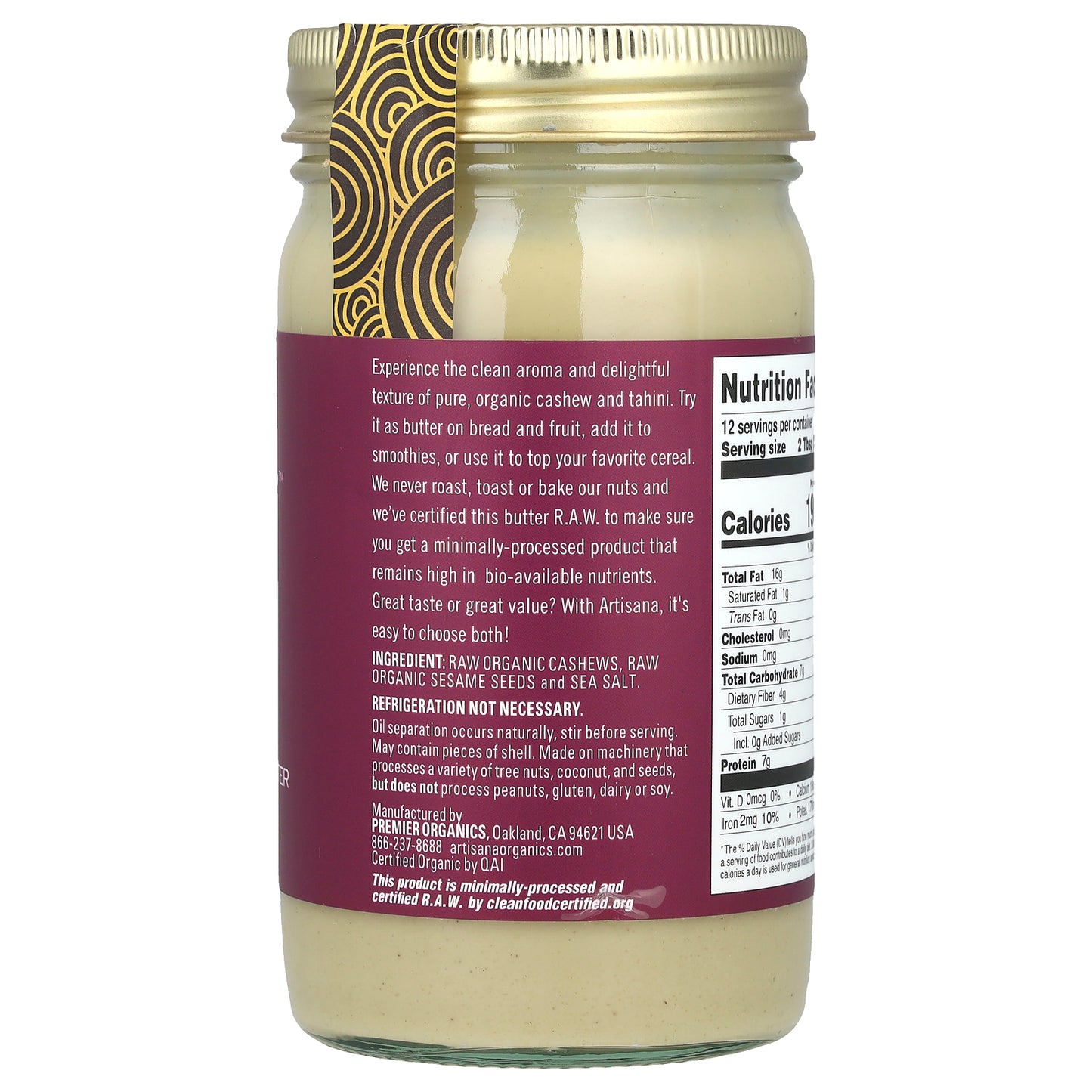 Artisana, Organics, Raw Cashini, Cashew, Tahini Butter, 14 oz (397 g)