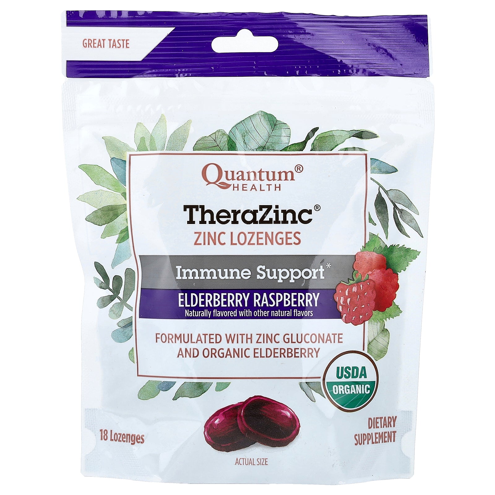 Quantum Health, TheraZinc®, Zinc Lozenges, Elderberry Raspberry, 18 Lozenges