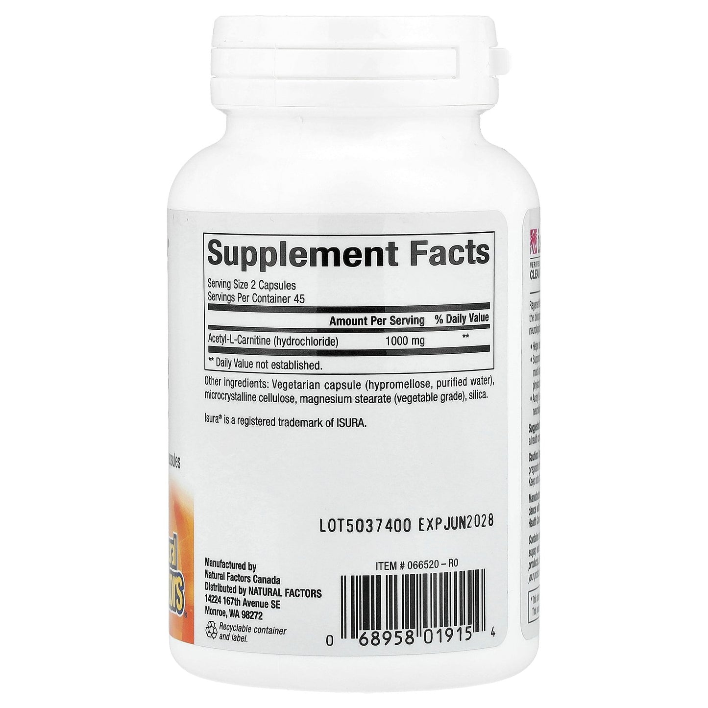 Natural Factors, RegenerLife®, Acetyl-LCarnitine, 90 Vegetarian Capsules (500 mg per Capsule)