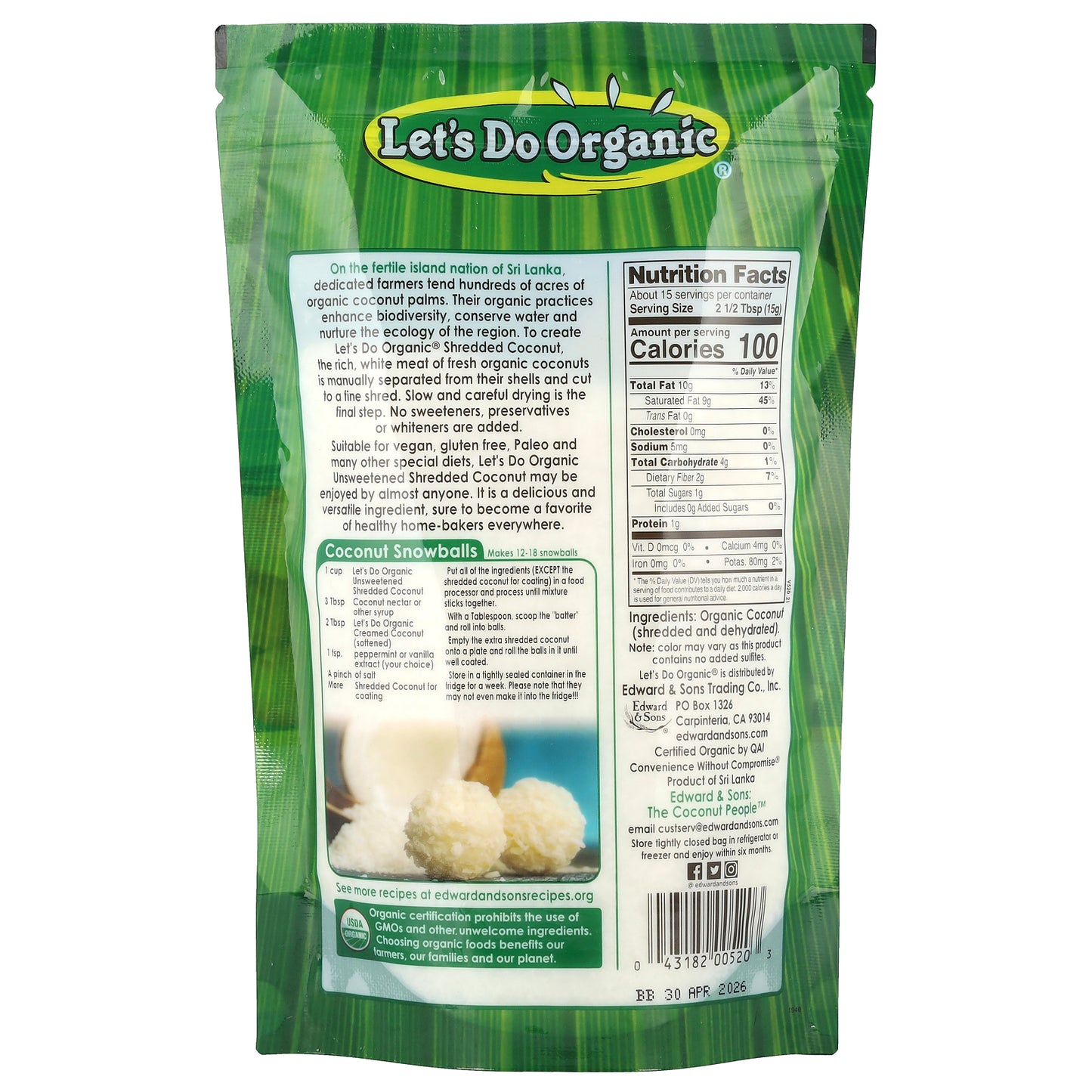 Edward & Sons, Let's Do Organic, 100% Organic Unsweetened Shredded Coconut, 8 oz (227 g)