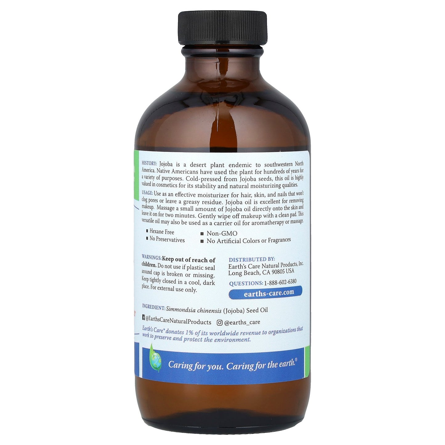 Earth's Care, 100% Pure Jojoba Oil, Cold Pressed, 8 fl oz (236 ml)