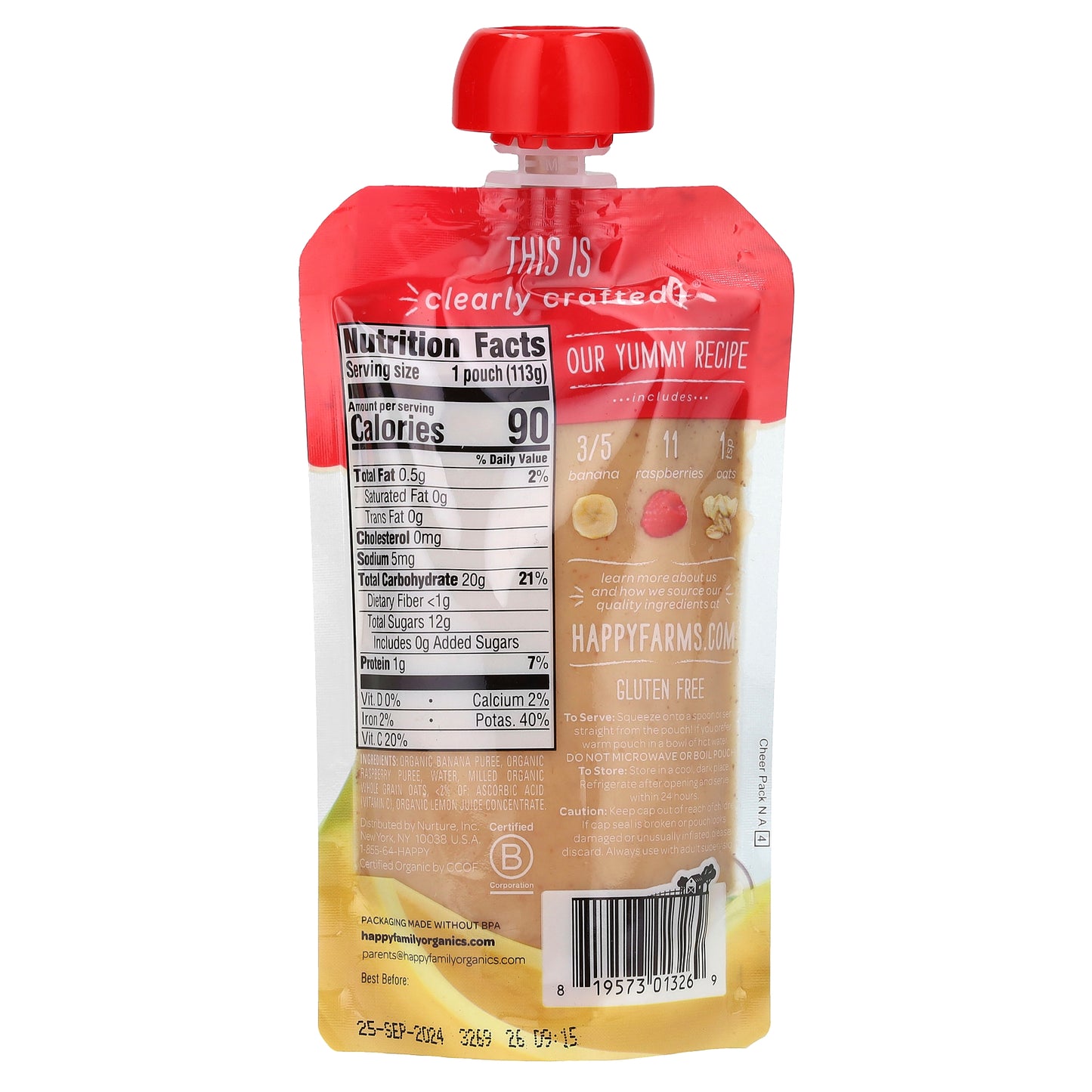 Happy Family Organics, Happy Baby, Baby Food, 6+ Months, Bananas, Raspberries & Oats, 4 oz (113 g)
