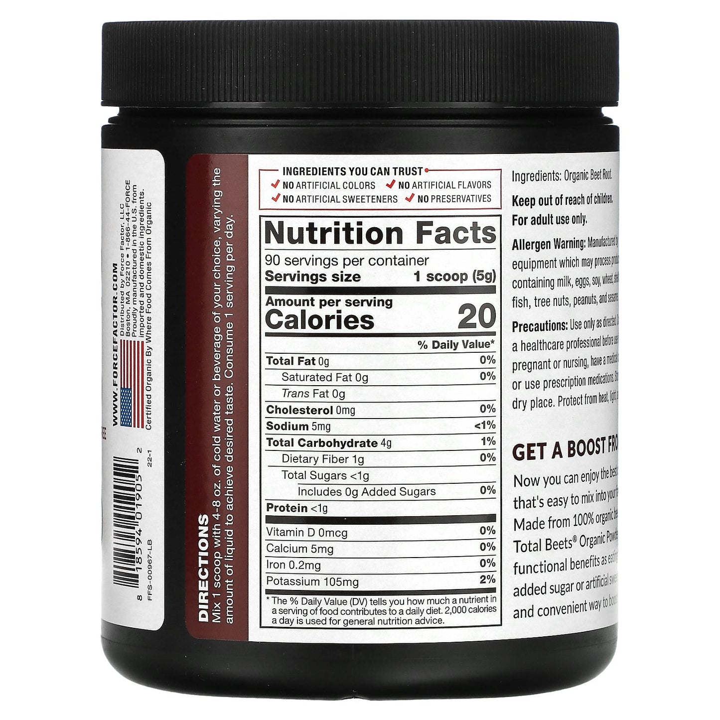 Force Factor, Total Beets, Organic Beetroot Powder, 15.9 oz (450 g)