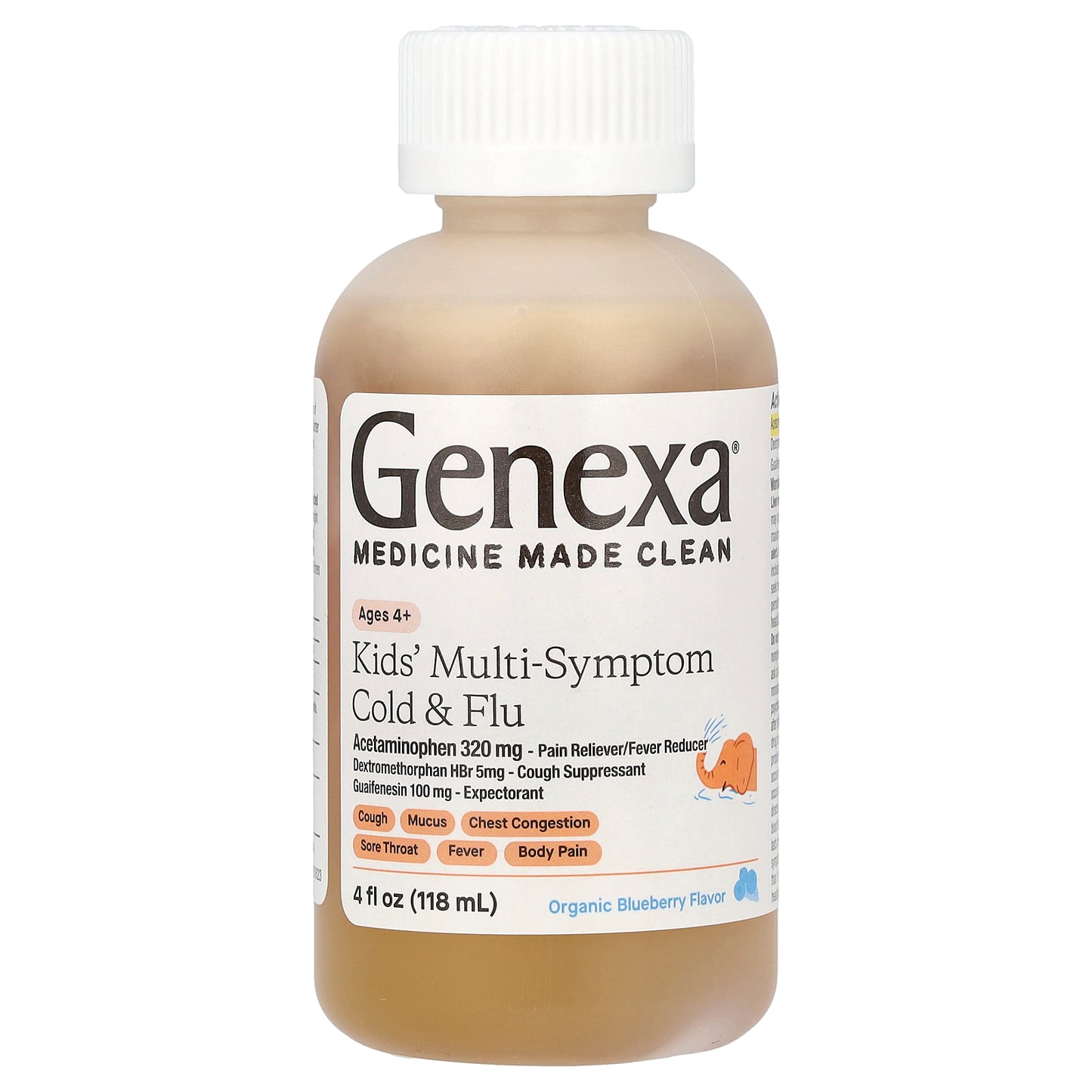 Genexa, Kids' Multi-Symptom Cold & Flu, Ages 4+, Organic Blueberry, 4 fl oz (118 ml)