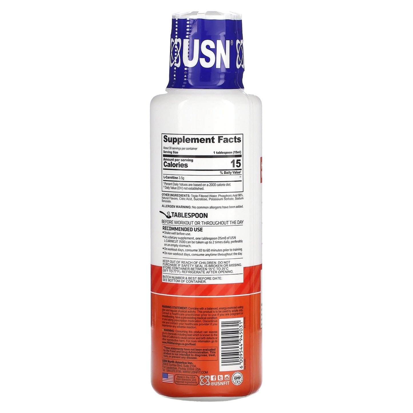 USN, Liquid L-Carnicut 3500, Max Strength Dosage, Orange-Pineapple, 3,500 mg, 15.22 fl oz (450 ml)