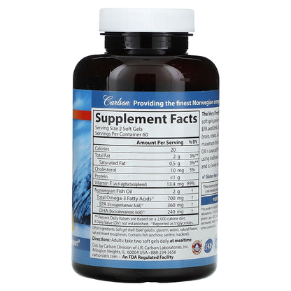 Carlson, The Very Finest Fish Oil, Natural Lemon, 700 mg, 120 Soft Gels (350 mg per Soft Gel)