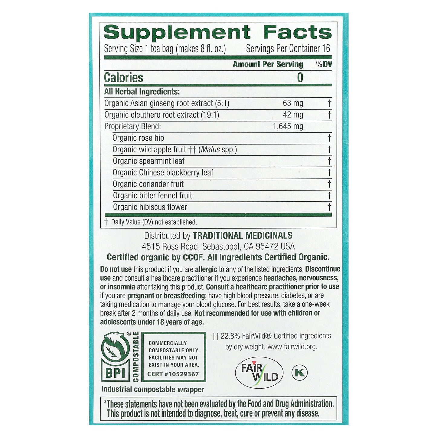 Traditional Medicinals, Organic Stress Ease® Focus, Ginseng Wild Apple Mint, Caffeine Free, 16 Wrapped Tea Bags, 0.99 oz (28 g)