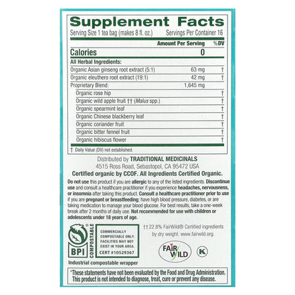 Traditional Medicinals, Organic Stress Ease® Focus, Ginseng Wild Apple Mint, Caffeine Free, 16 Wrapped Tea Bags, 0.99 oz (28 g)