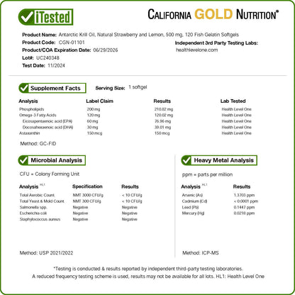 California Gold Nutrition, Antarctic Krill Oil, Omega-3 Phospholipids Complex with Astaxanthin, Natural Strawberry and Lemon, 500 mg, 120 Fish Gelatin Softgels