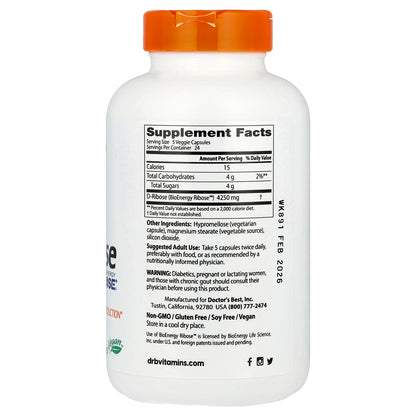 Doctor's Best, D-Ribose with BioEnergy Ribose®, 120 Veggie Caps
