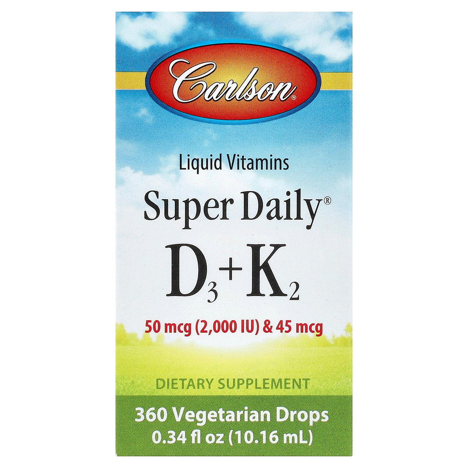 Carlson, Super Daily® D3 + K2, 50 mcg (2,000 IU) & 45 mcg, 0.34 fl oz (10.16 ml)