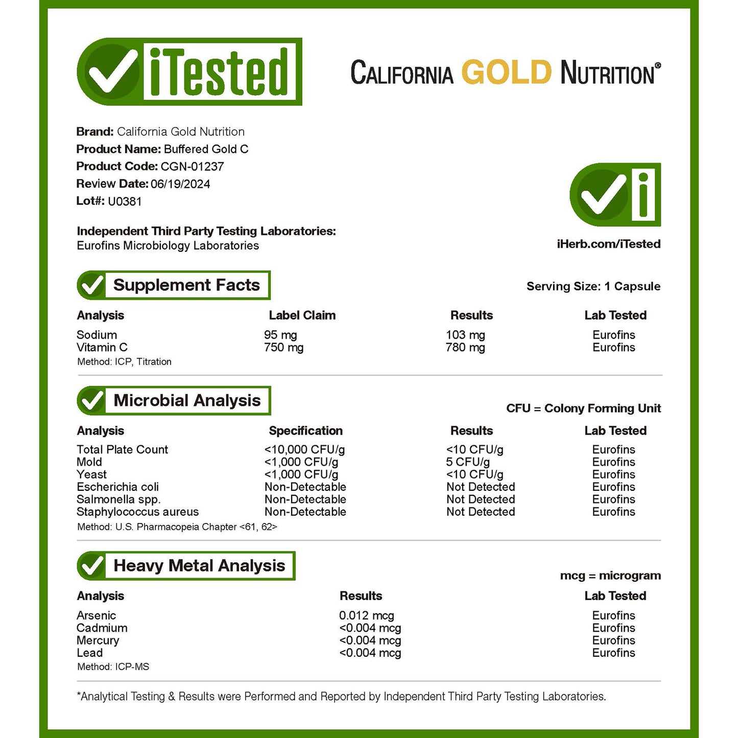 California Gold Nutrition, Buffered Gold C, GOLD Standard Sodium Ascorbate (Vitamin C), 750 mg, 240 Veggie Capsules