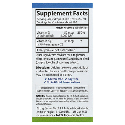 Carlson, Super Daily® D3 + K2, 0.34 fl oz (10.16 ml)