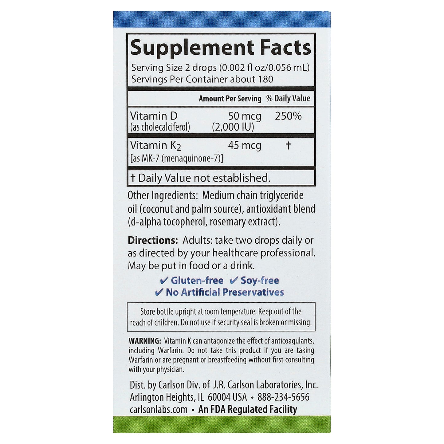 Carlson, Super Daily® D3 + K2, 50 mcg (2,000 IU) & 45 mcg, 0.34 fl oz (10.16 ml)