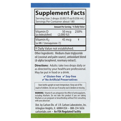 Carlson, Super Daily® D3 + K2, 50 mcg (2,000 IU) & 45 mcg, 0.34 fl oz (10.16 ml)