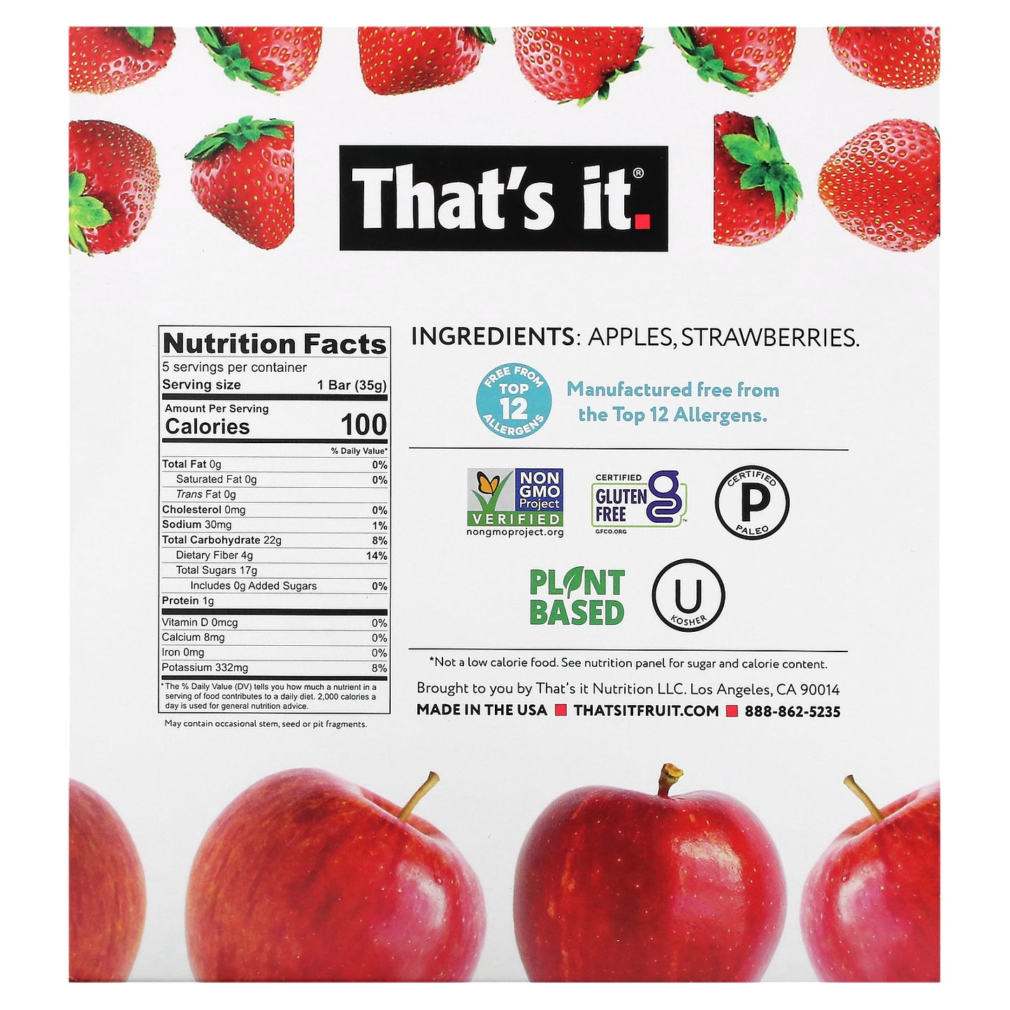 That's It, Fruit Bar, Apple + Strawberries, 5 Bars, 1.2 oz (35 g) Each