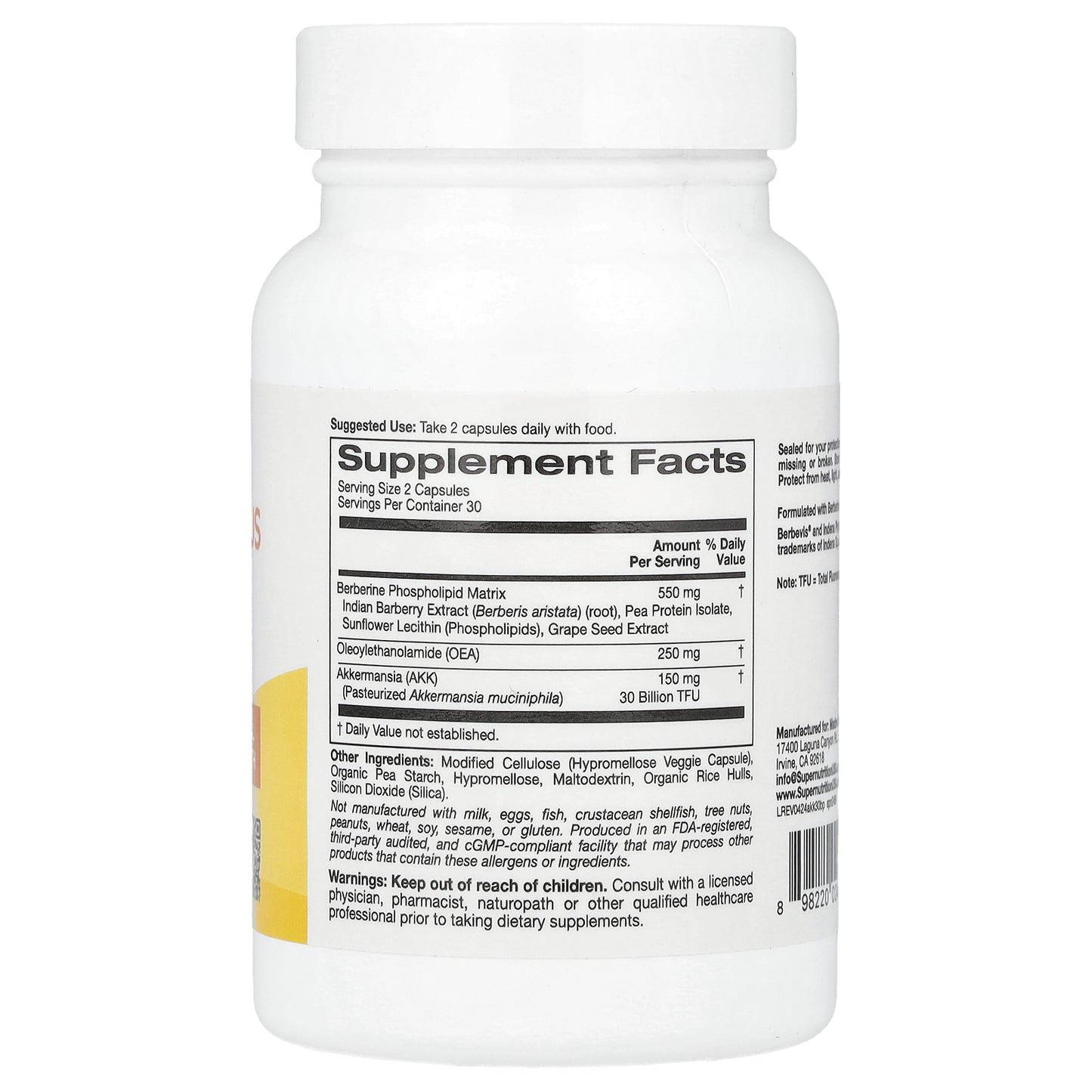 Super Nutrition, Akkermansia 30B PLUS with Berberine Phospholipid Matrix, and OEA, 60  Veggie Capsules