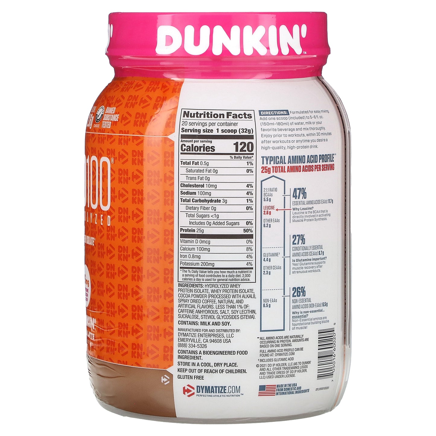 Dymatize, ISO100® Hydrolyzed, 100% Whey Protein Isolate, Dunkin’ Mocha Latte, 1.4 lb (650 g)