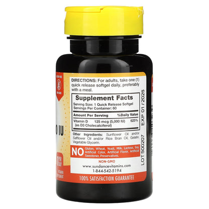 Sundance Vitamins, High Potency D3, 125 mcg (5,000 IU), 60 Quick Release Softgels