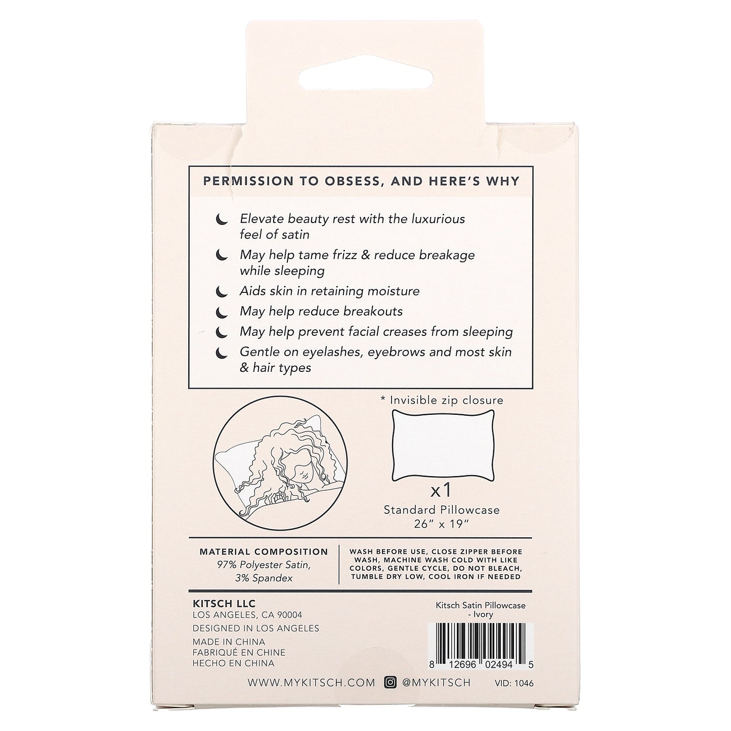 Kitsch, The Satin Pillowcase, Standard Size, Ivory, 1 Pillowcase