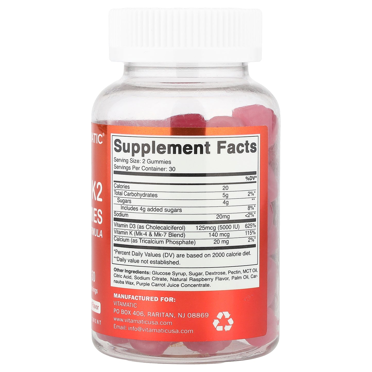 Vitamatic, D3 + K2 Gummies, Natural Raspberry, 60 Gummies
