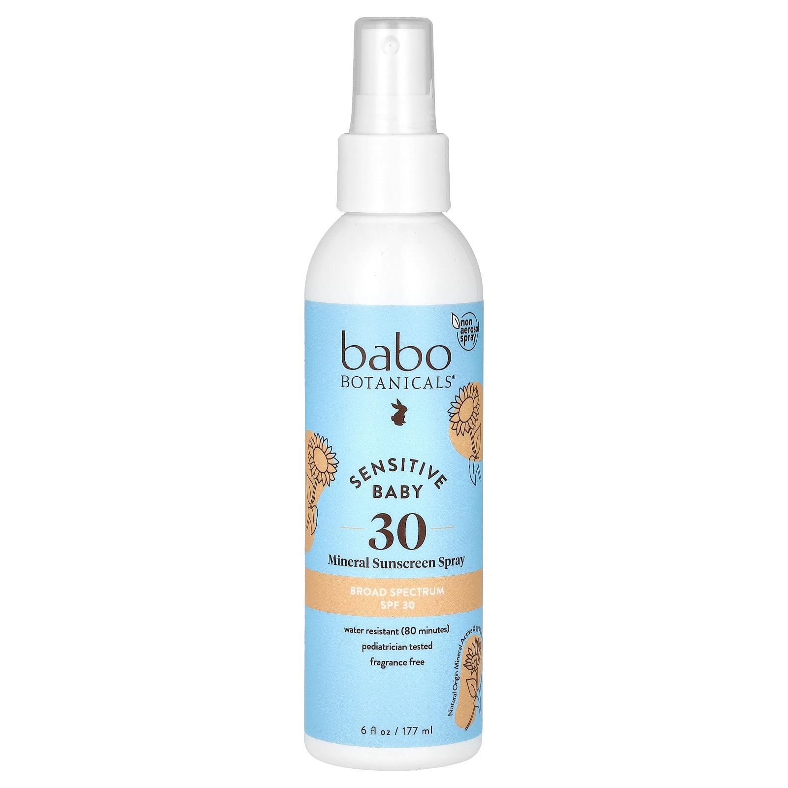 Babo Botanicals, Sensitive Baby, Mineral Sunscreen Spray, SPF 30, Fragrance Free, 6 fl oz (177 ml)