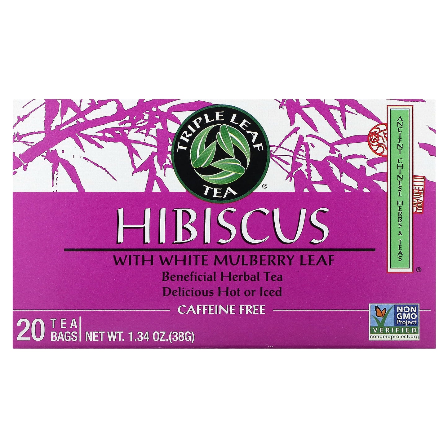 Triple Leaf Tea, Hibiscus With White Mulberry Leaf, Caffeine Free, 20 Tea Bags, 1.34 oz (38 g)