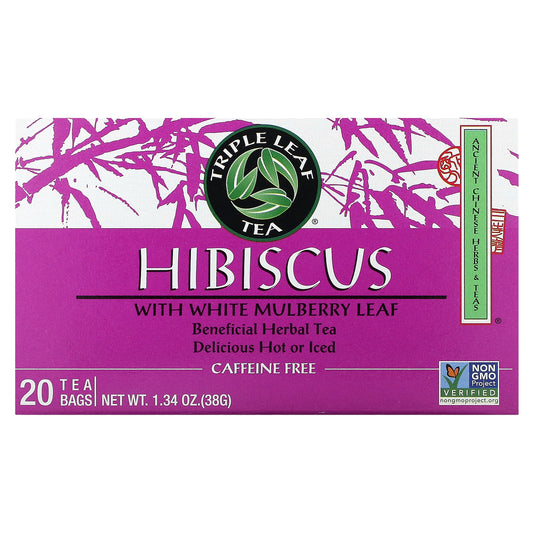 Triple Leaf Tea, Hibiscus With White Mulberry Leaf, Caffeine Free, 20 Tea Bags, 1.34 oz (38 g)
