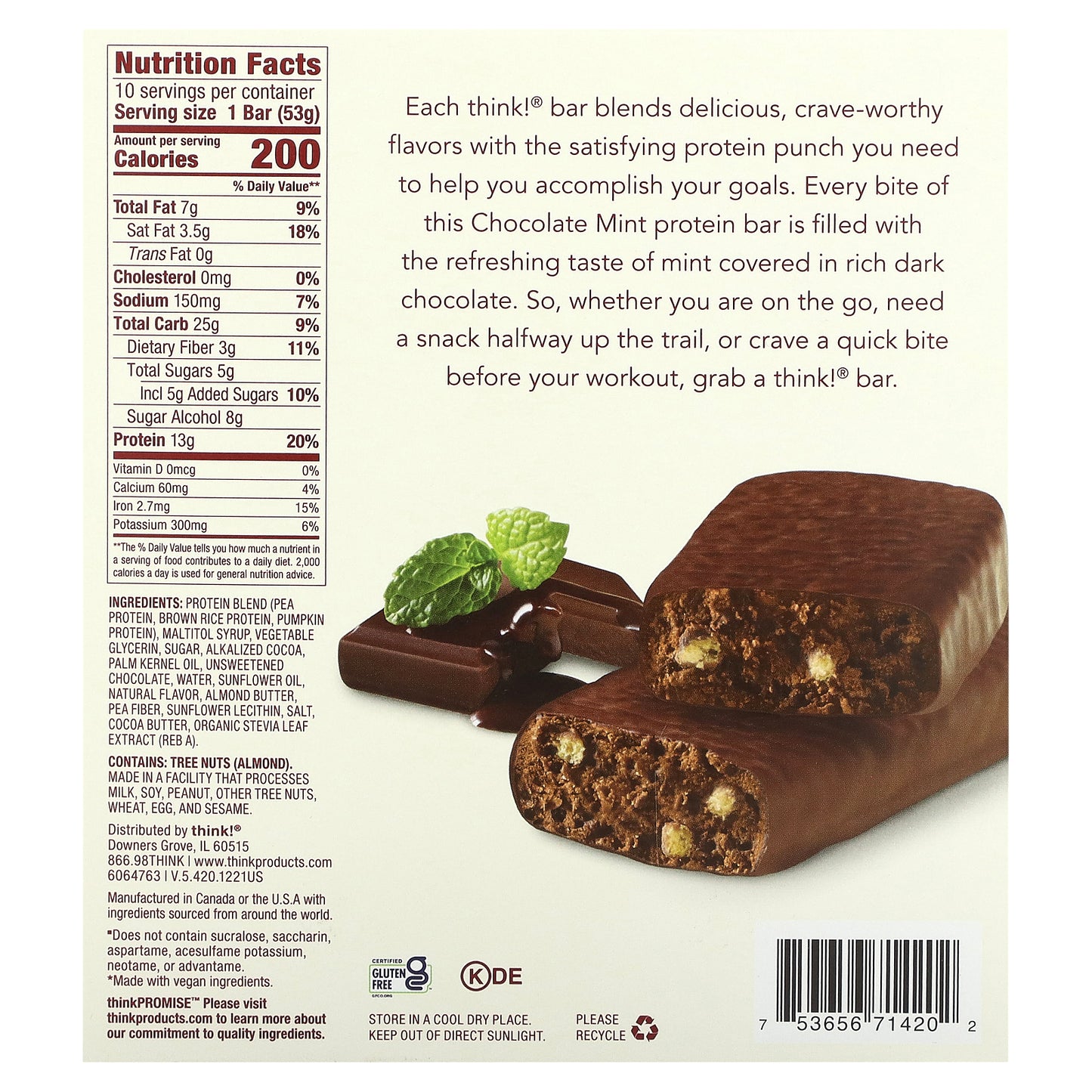 Think !, Plant Based High Protein Bars, Chocolate Mint, 10 Bars, 1.86 oz (53 g) Each