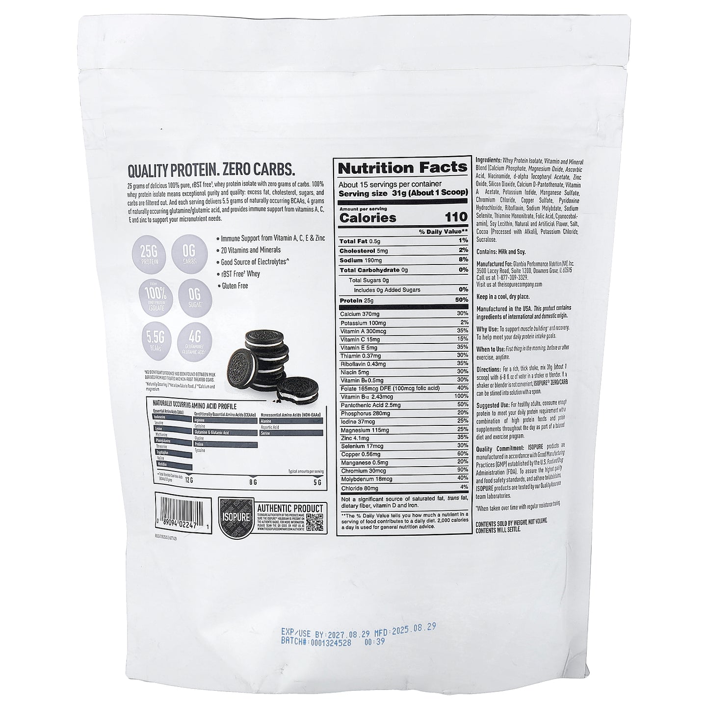 Isopure, Zero Carb Protein Powder, Cookies & Cream, 1.02 lb (465 g)