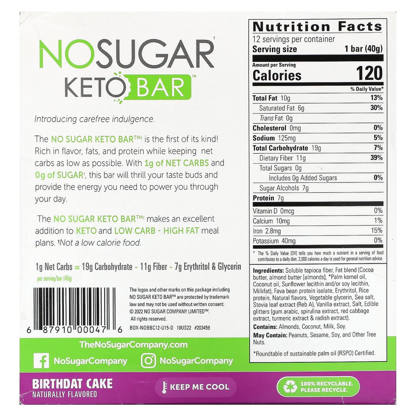 No Sugar Company, Keto Bar, Birthday Cake, 12 Bars, 1.41 oz (40 g) Each