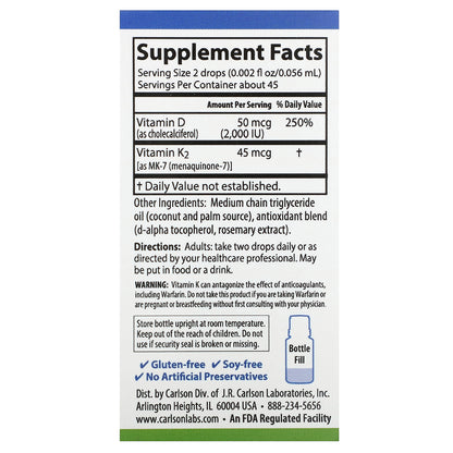 Carlson, Super Daily® D3 + K2, 50 mcg (2,000 IU) & 45 mcg, 0.086 fl oz (2.54 ml)