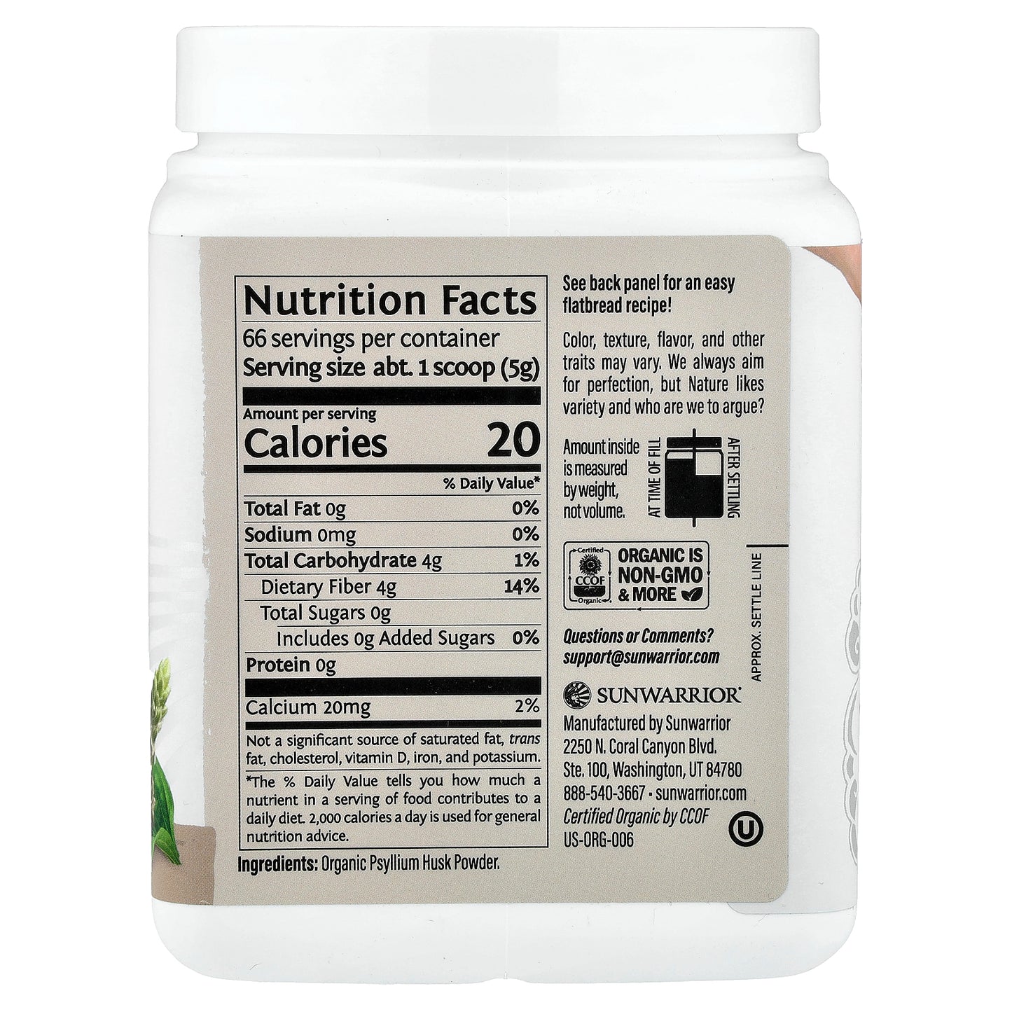 Sunwarrior, Harvest, Organic Psyllium Husk Powder, 11.64 oz (330 g)