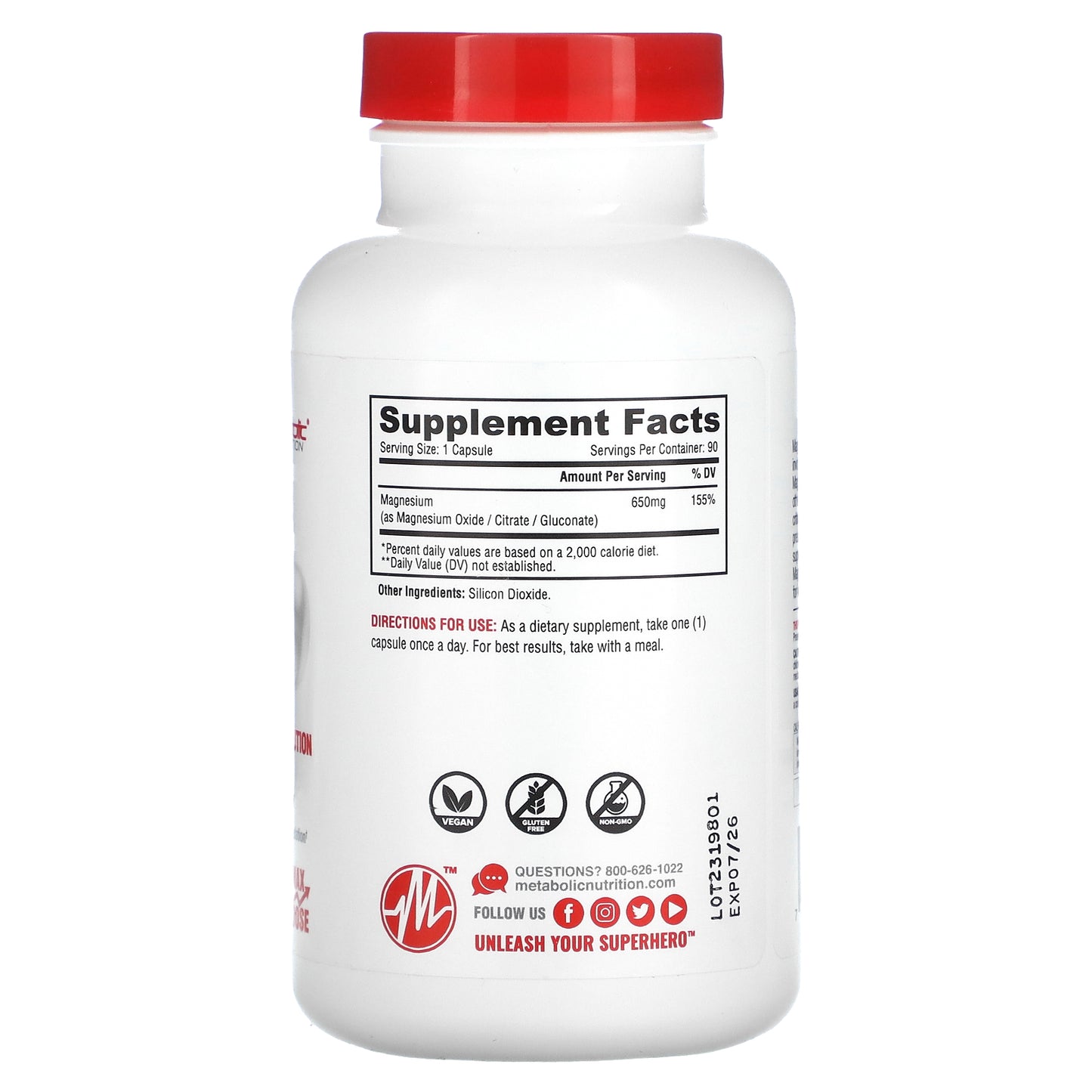 Metabolic Nutrition, Magnesium, Maximum Potency Formula, 650 mg, 90 Capsules