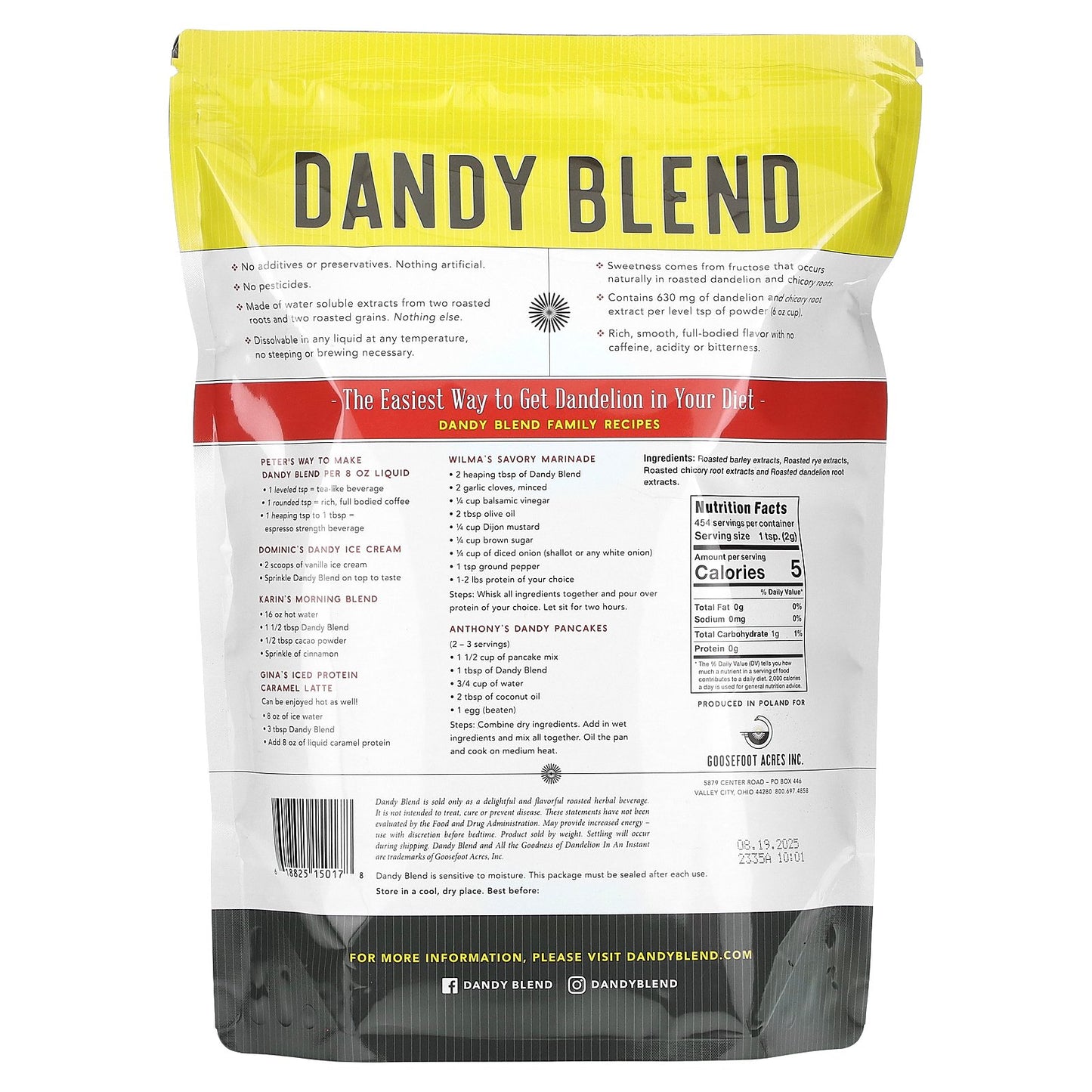 Instant Herbal Beverage with Dandelion, Dandy Blend, Caffeine Free, 2 lbs (908 g)