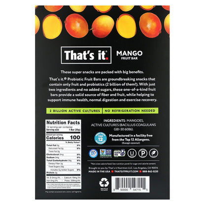 That's It, Probiotics + Prebiotics  Fruit Bar, Mango, 12 Bars, 1.2 oz (35 g) Each