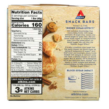 Atkins, Snack, Snickerdoodle Bar, Gluten Free, 5 Bars, 1.41 oz (40 g) Each