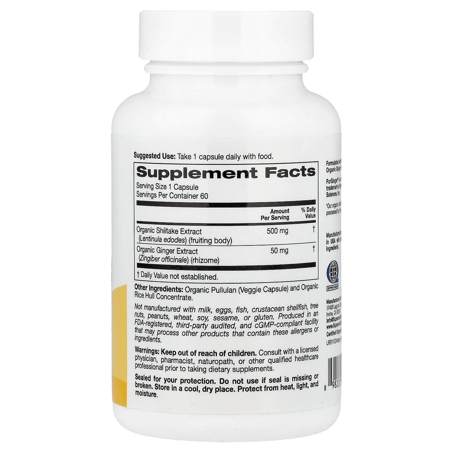 Super Nutrition, Organic Shiitake Mushroom + Ginger with Organic Pullulan, and Organic Rice Hull Concentrate, 60 Veggie Capsules