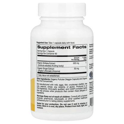 Super Nutrition, Organic Shiitake Mushroom + Ginger with Organic Pullulan, and Organic Rice Hull Concentrate, 60 Veggie Capsules