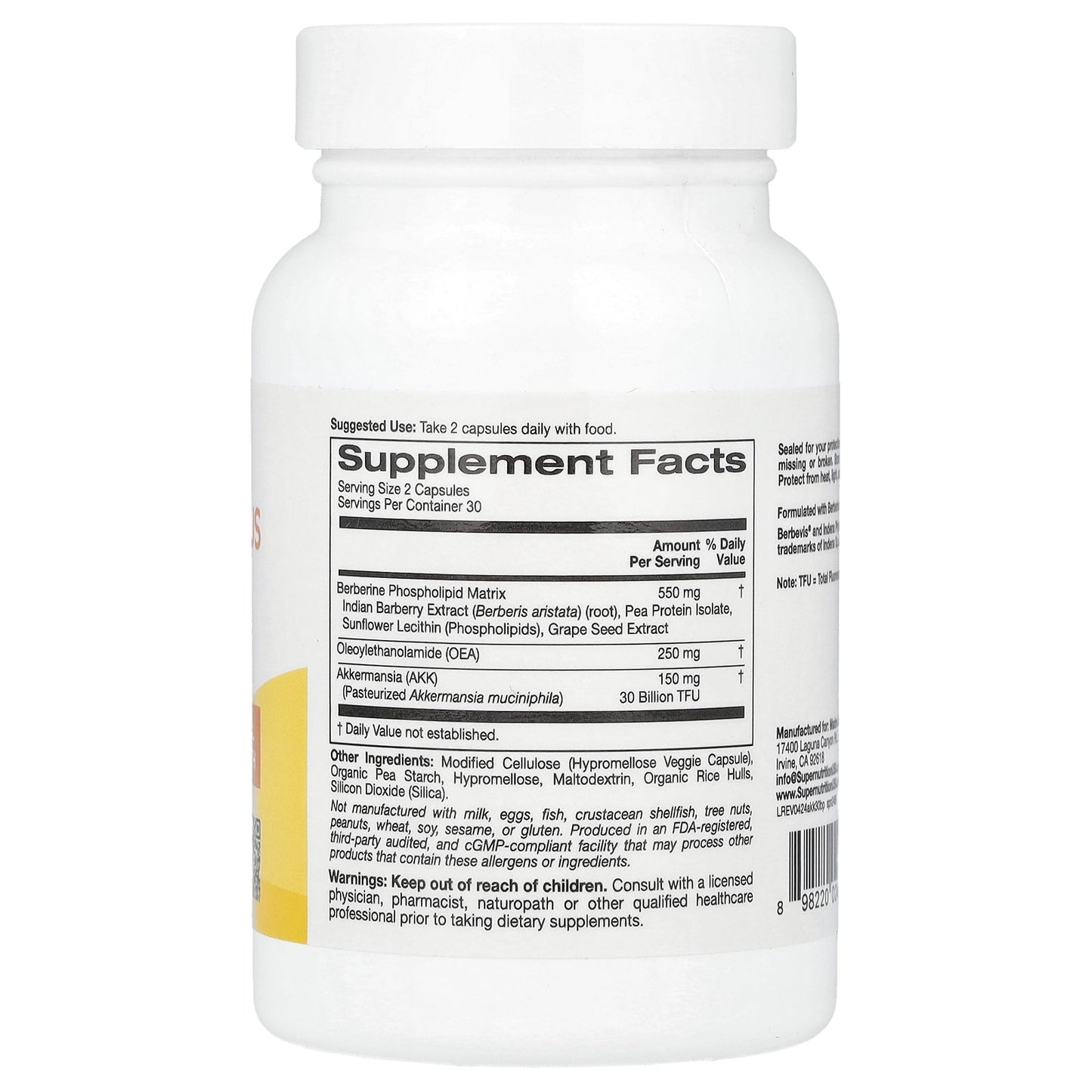 Super Nutrition, Akkermansia 30B PLUS Pasteurized A. Muciniphila with Berberine and OEA, 60  Veggie Capsules