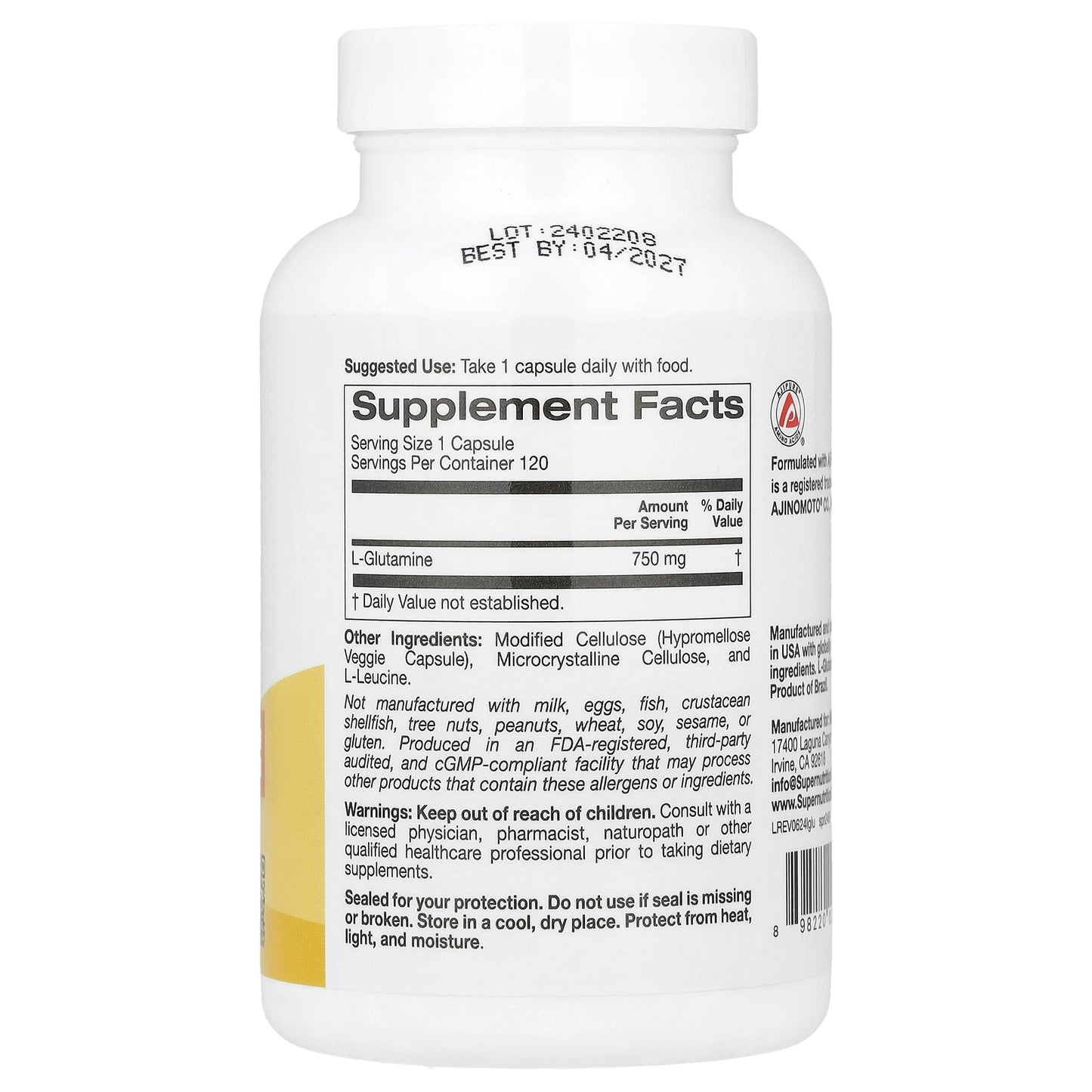 Super Nutrition, L-Glutamine, 750 mg, 120 Veggie Capsules