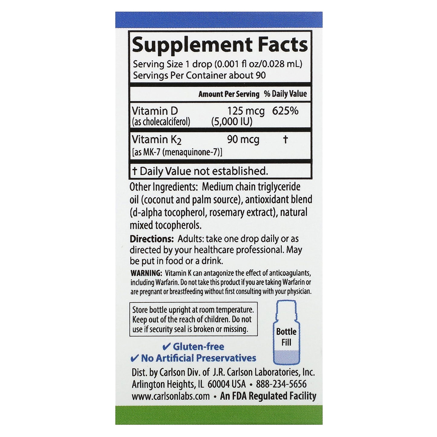 Carlson, Super Daily® D3 + K2, 125 mcg (5,000 IU) & 90 mcg, 0.086 fl oz (2.54 ml)